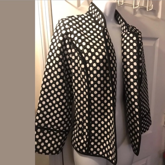CHICO’S Polka Dot Plush Jacket Coat Black White Open Front Pockets Classic Soft - Picture 8 of 9